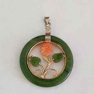 Green Jadeite and Coral Floral Pendant Necklace